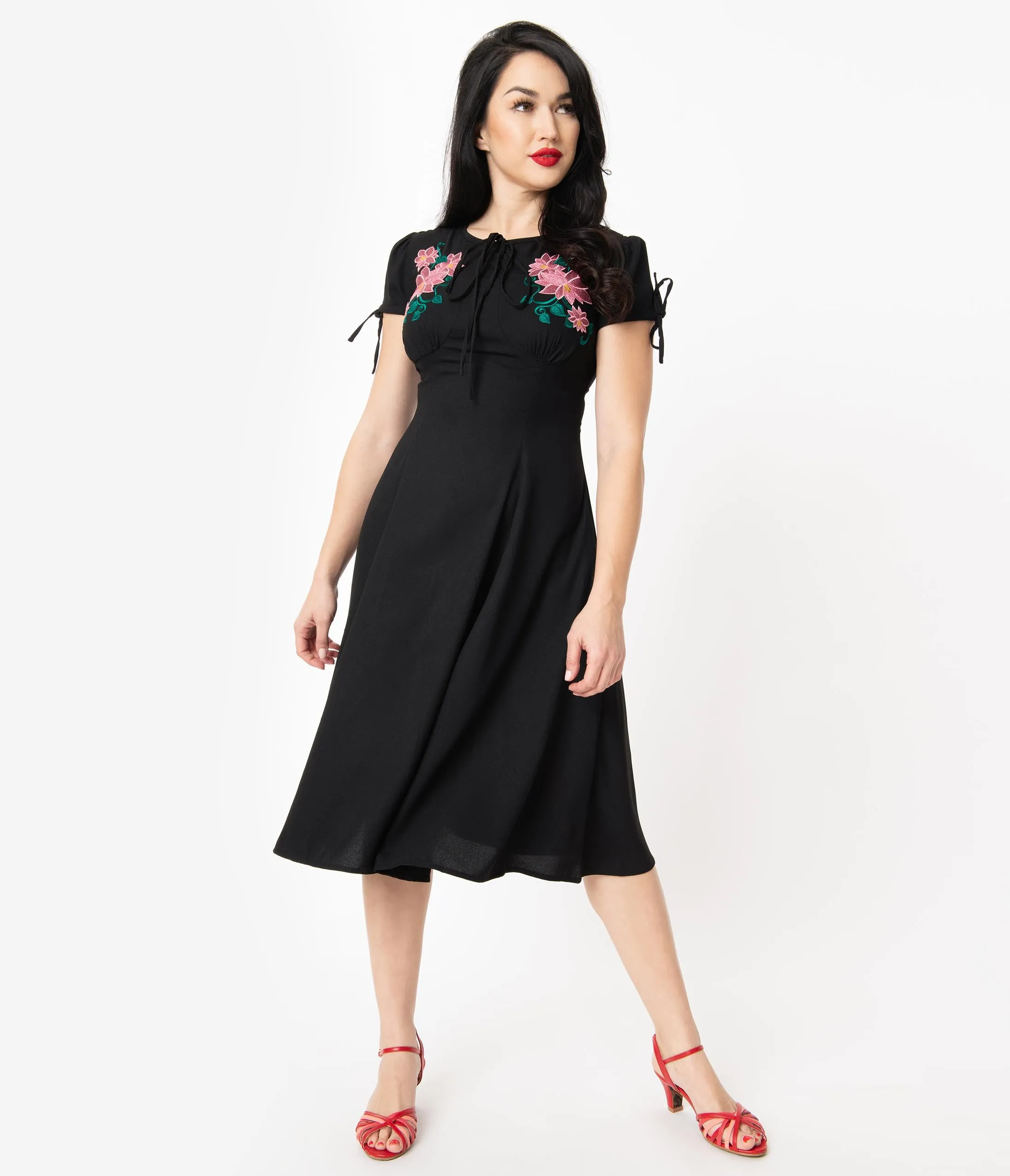 1940s Style Black & Pink Embroidered Floral Noa Swing Dress