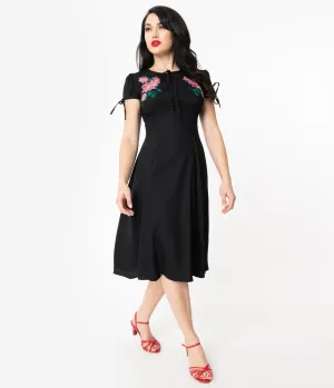 1940s Style Black & Pink Embroidered Floral Noa Swing Dress