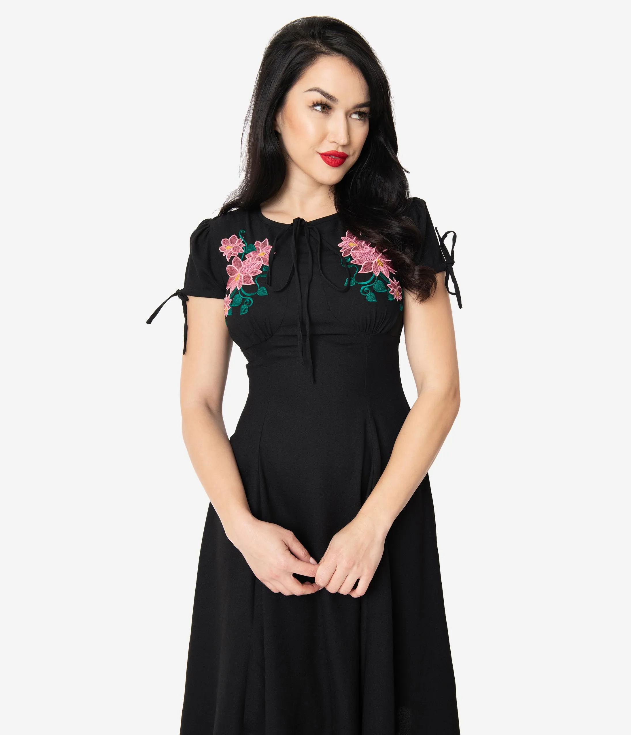 1940s Style Black & Pink Embroidered Floral Noa Swing Dress