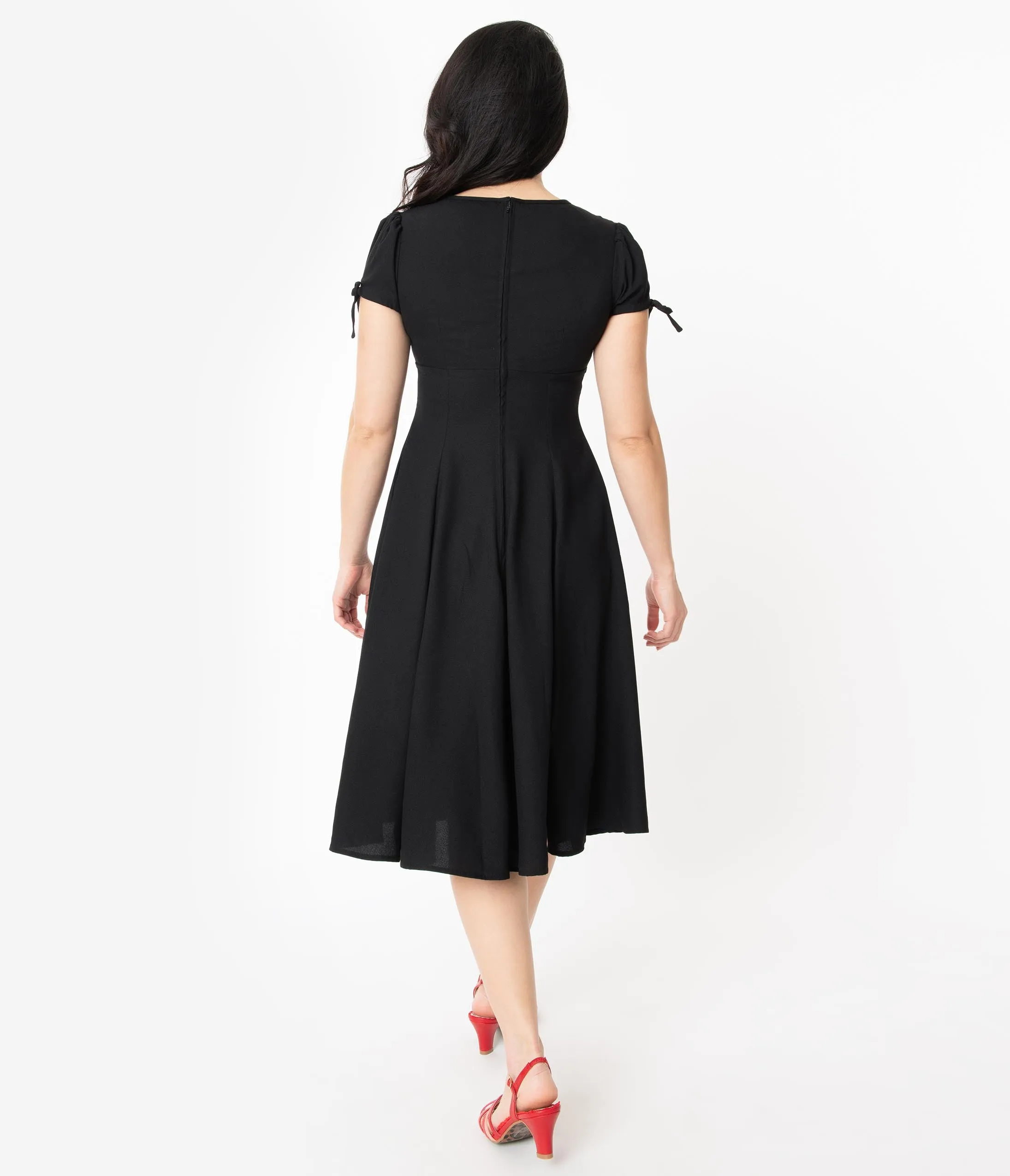 1940s Style Black & Pink Embroidered Floral Noa Swing Dress