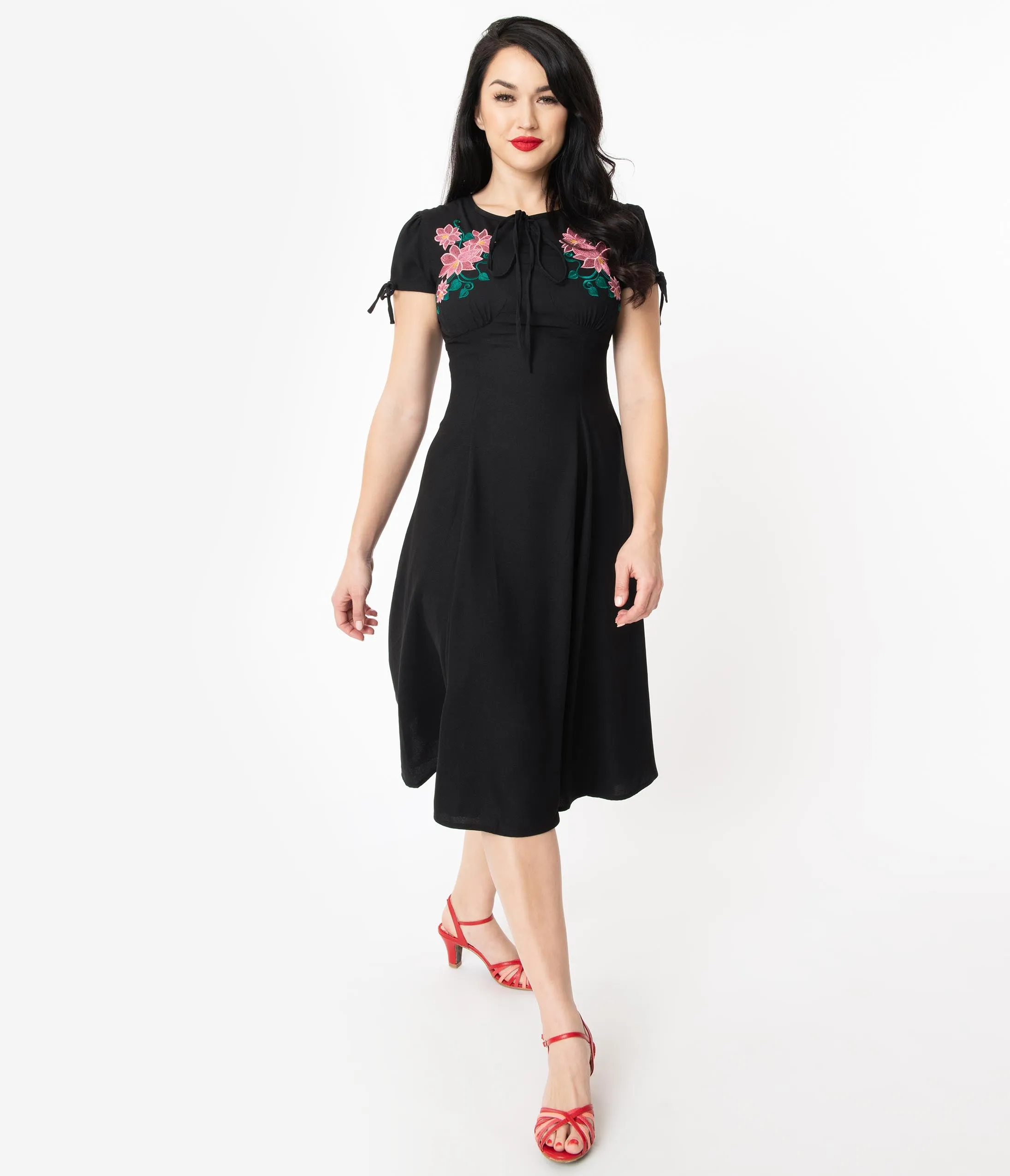1940s Style Black & Pink Embroidered Floral Noa Swing Dress