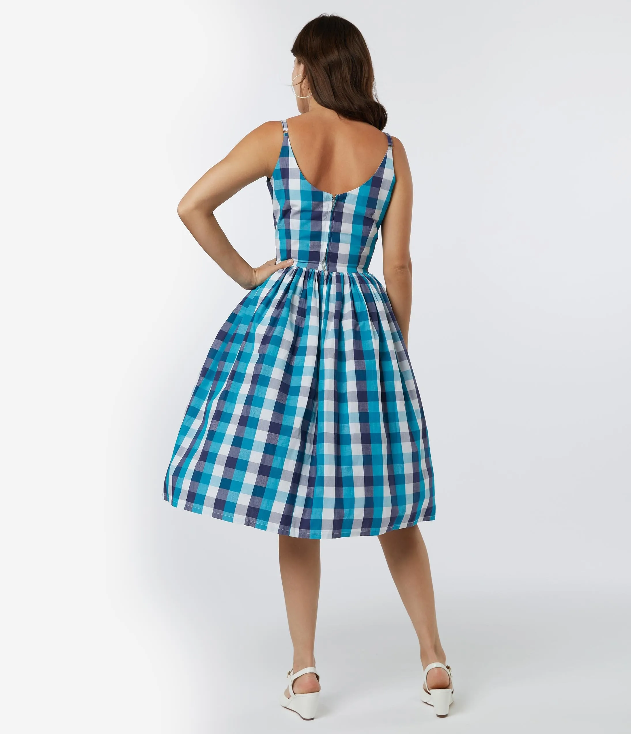 1950s Blue Picnic Plaid Sandra Swing Dress
