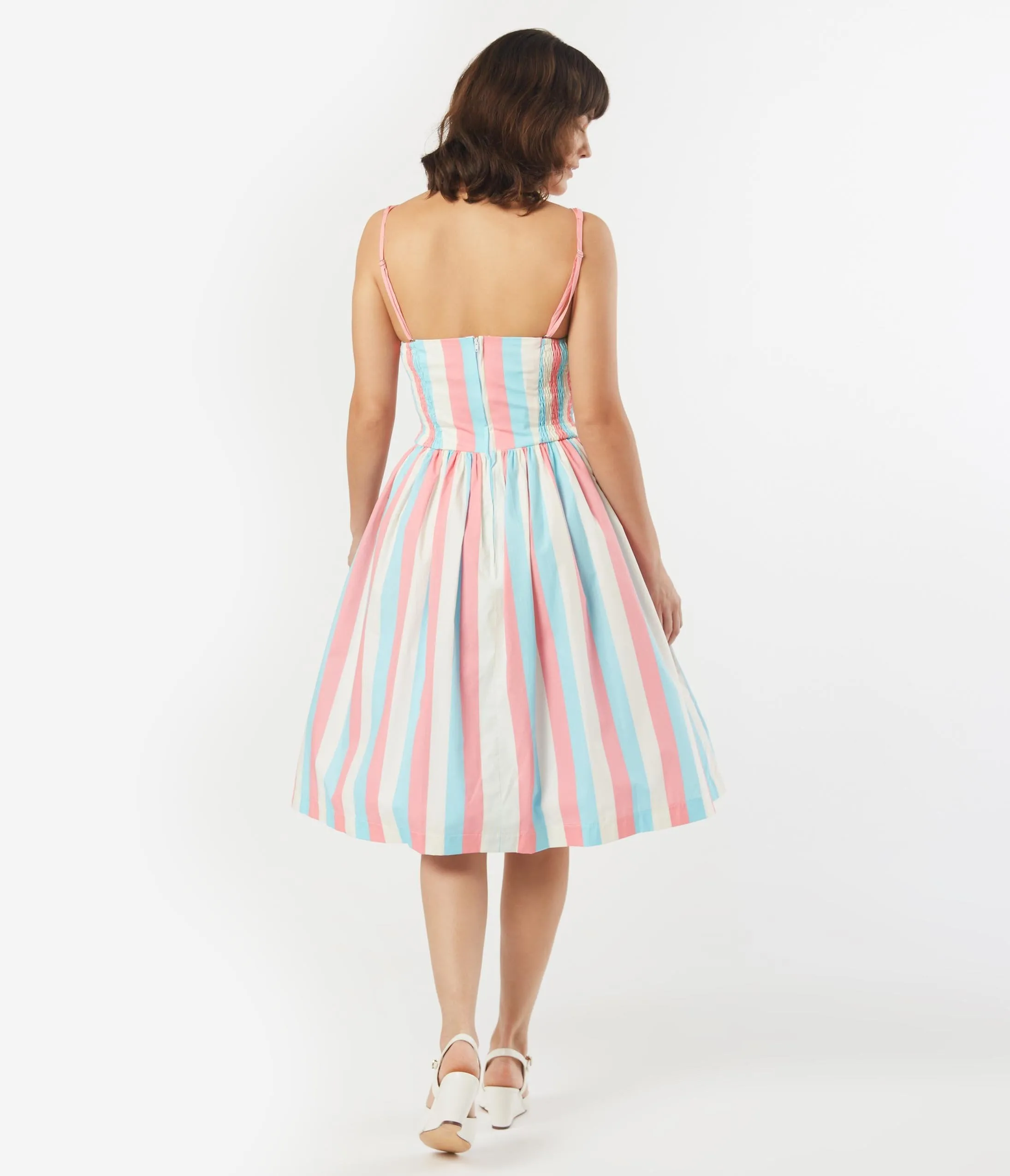 1950s Light Blue & Pink Stripe Candy Swing Dress