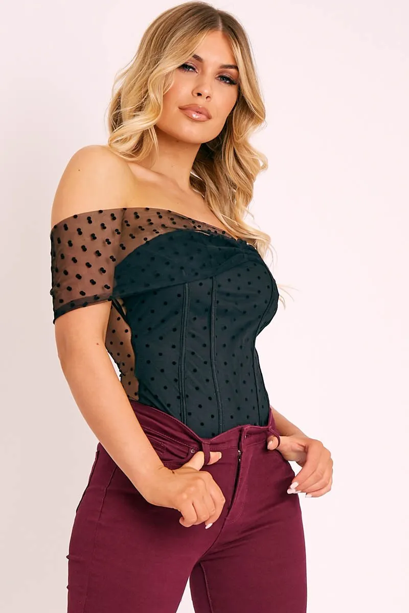 Black Polka Dot Mesh Bardot Bodysuit - Sallie