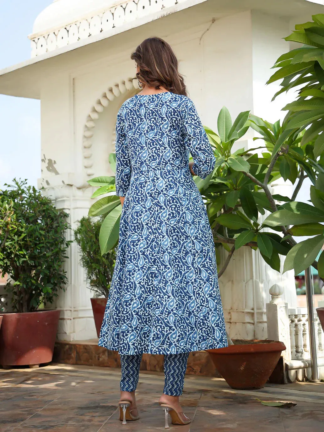 Blue Ethnic Motifs Printed Regular Sequined Pure Cotton Kurta With Trousers & With Dupatta