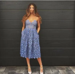 Blue Lace Party Dress A Line Tea Length Prom Dress     S2700