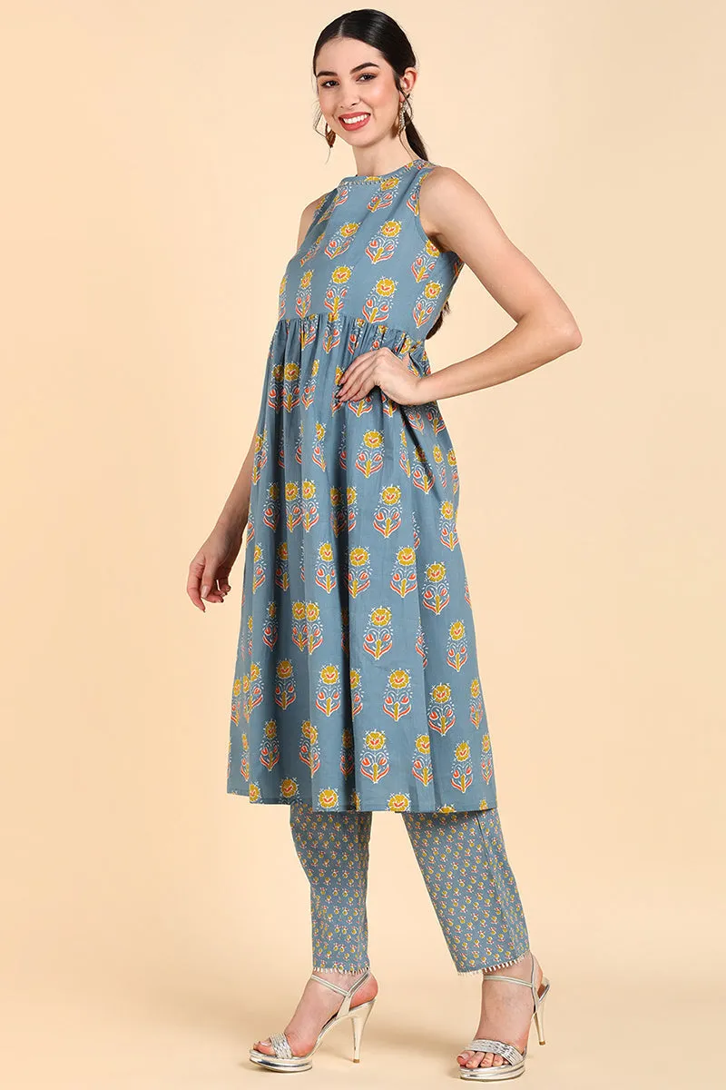 Blue Pure Cotton Floral Print Anarkali Kurta Set