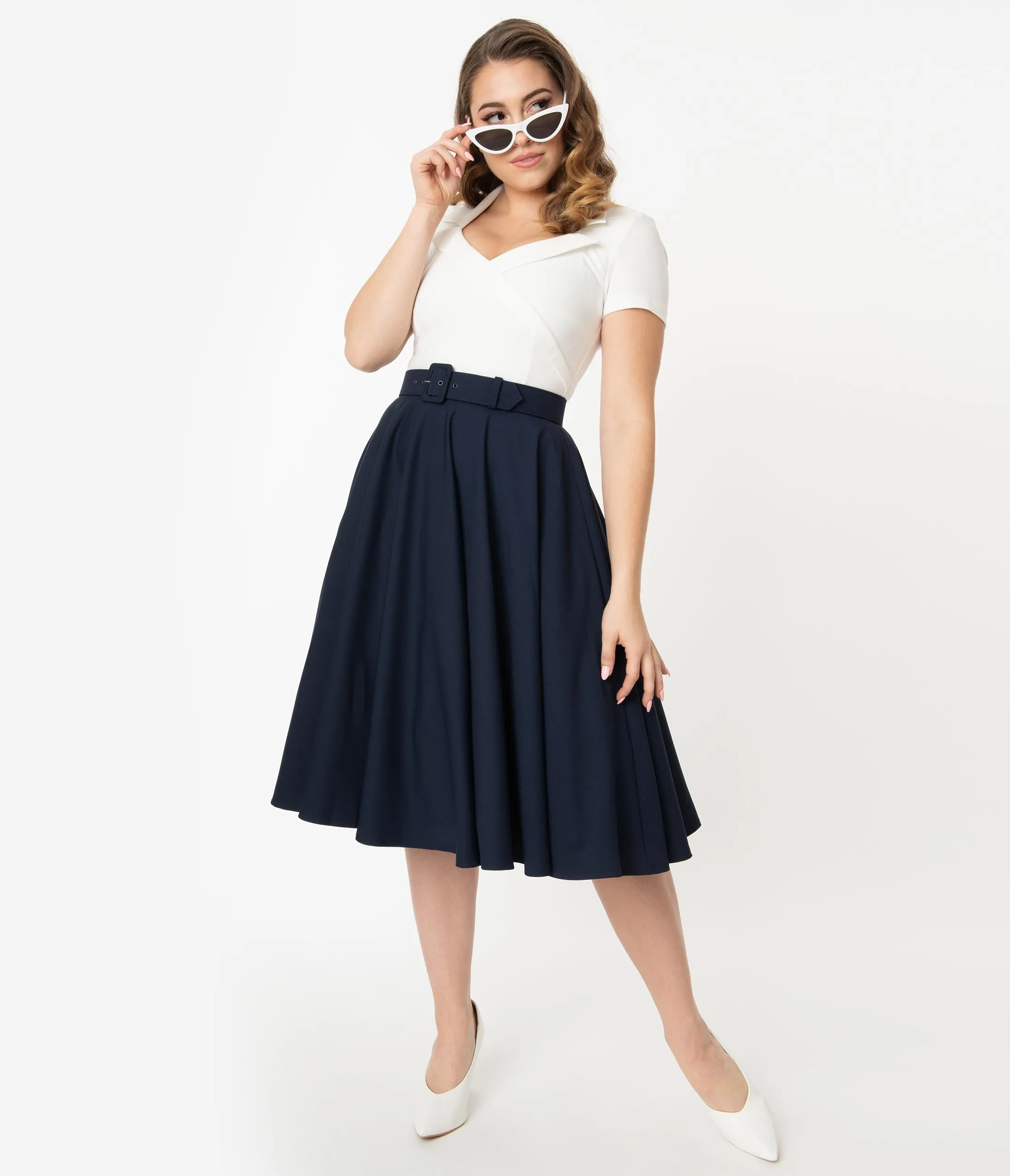 Glamour Bunny 1950s Navy & Ivory Lila Swing Dress
