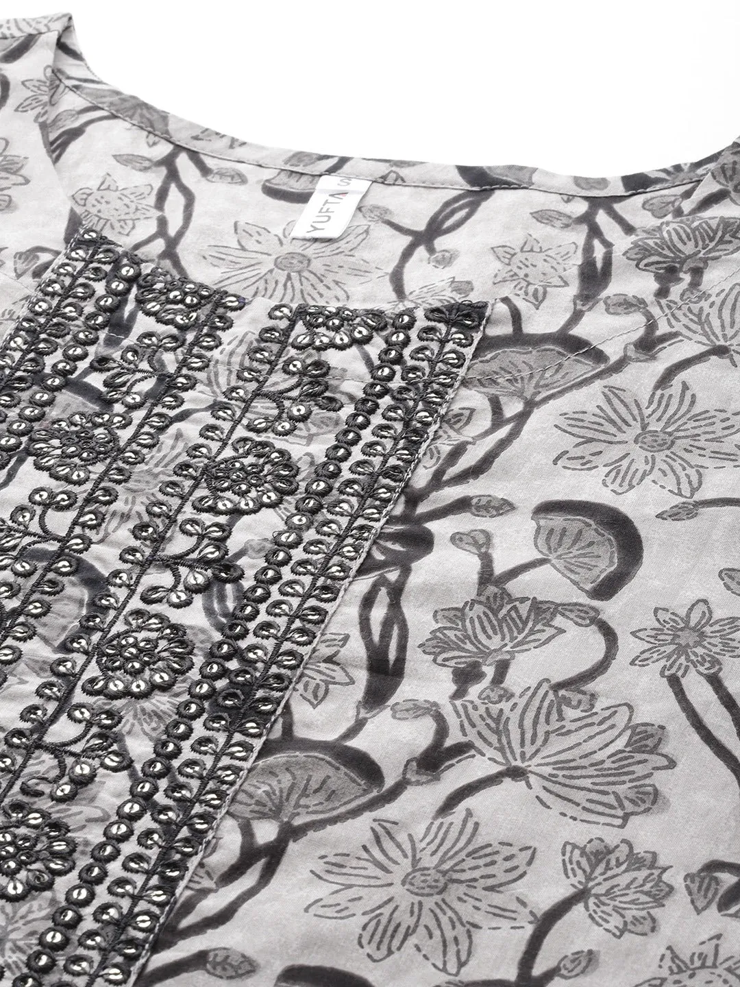 Grey Floral Printed Regular Sequined Pure Cotton Kurta With Trousers & With Dupatta