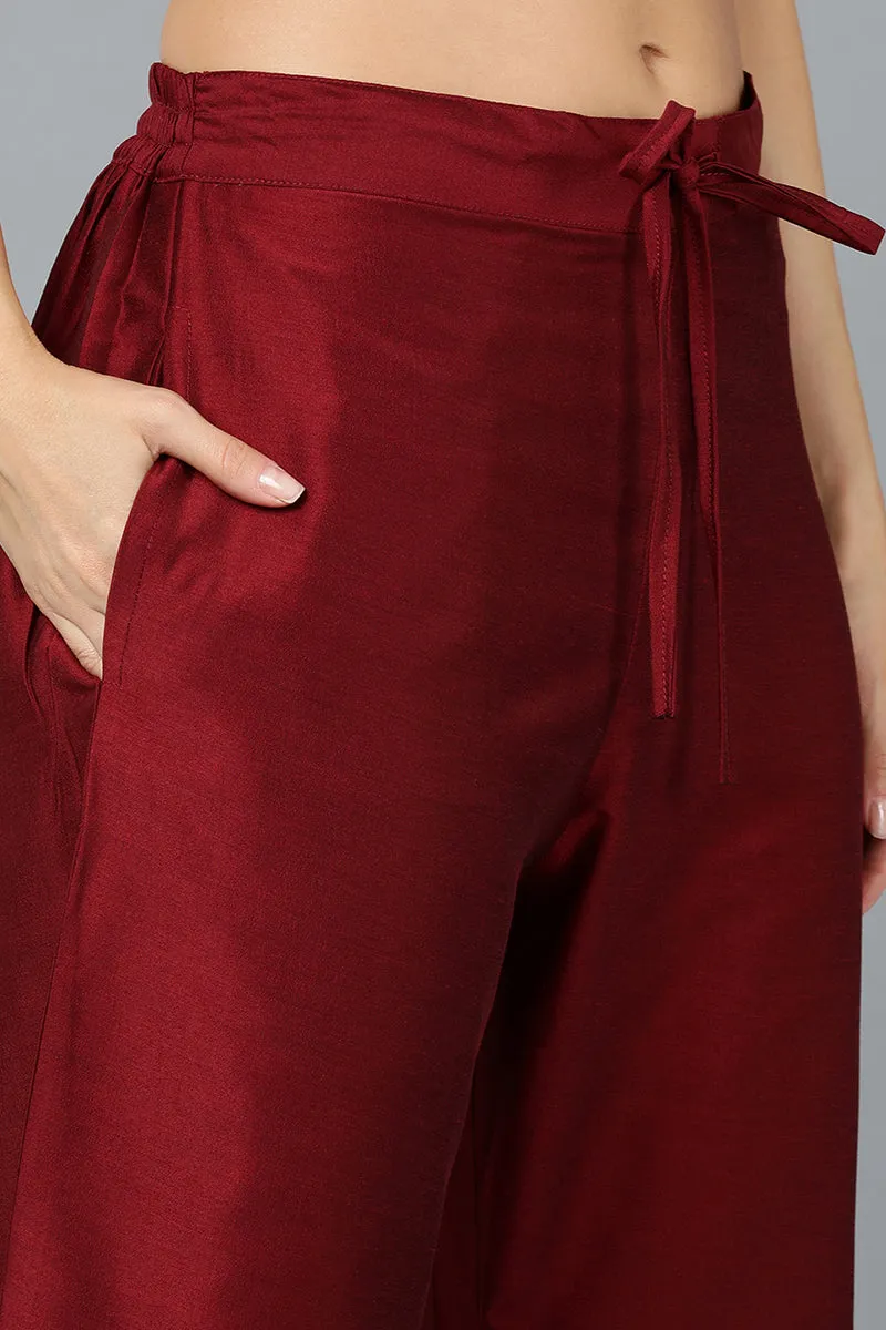 Maroon Silk Blend Straight Kurta Pant With Dupatta