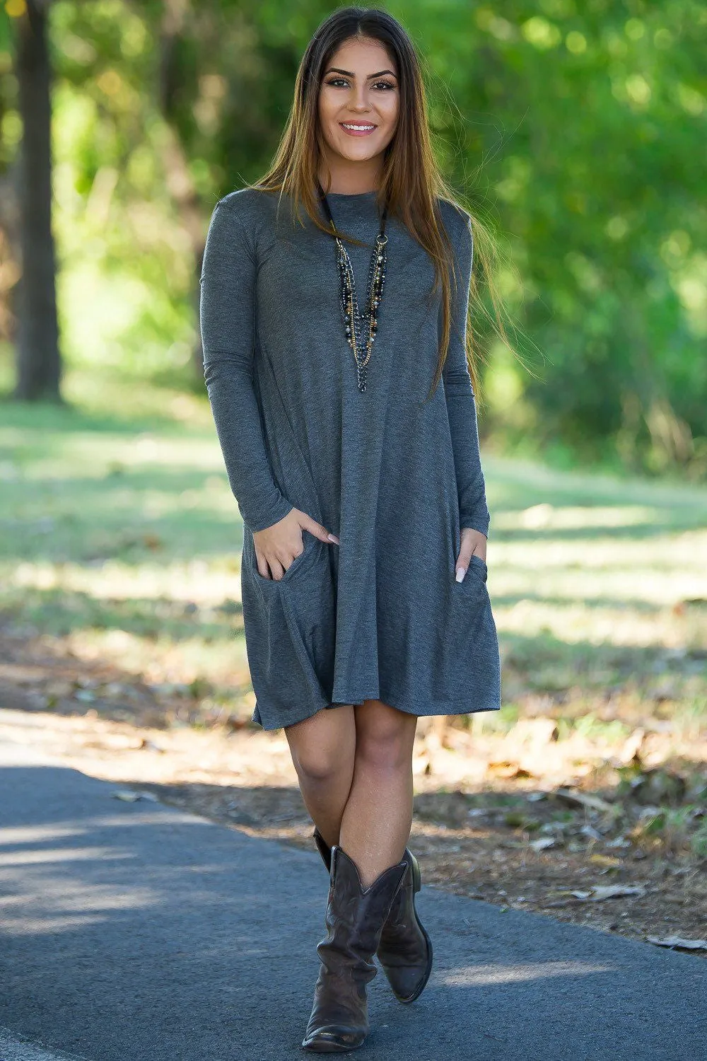 Piko Long Sleeve Swing Dress - Dark Heather Grey