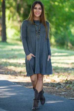 Piko Long Sleeve Swing Dress - Dark Heather Grey