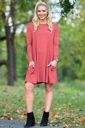 Piko Long Sleeve Swing Dress - Rust