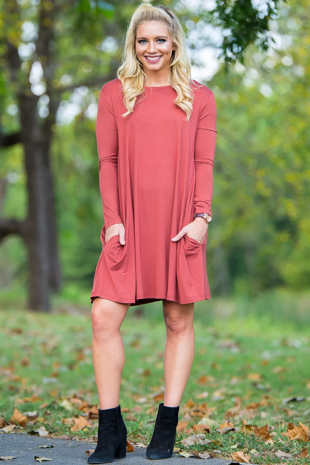 Piko Long Sleeve Swing Dress - Rust