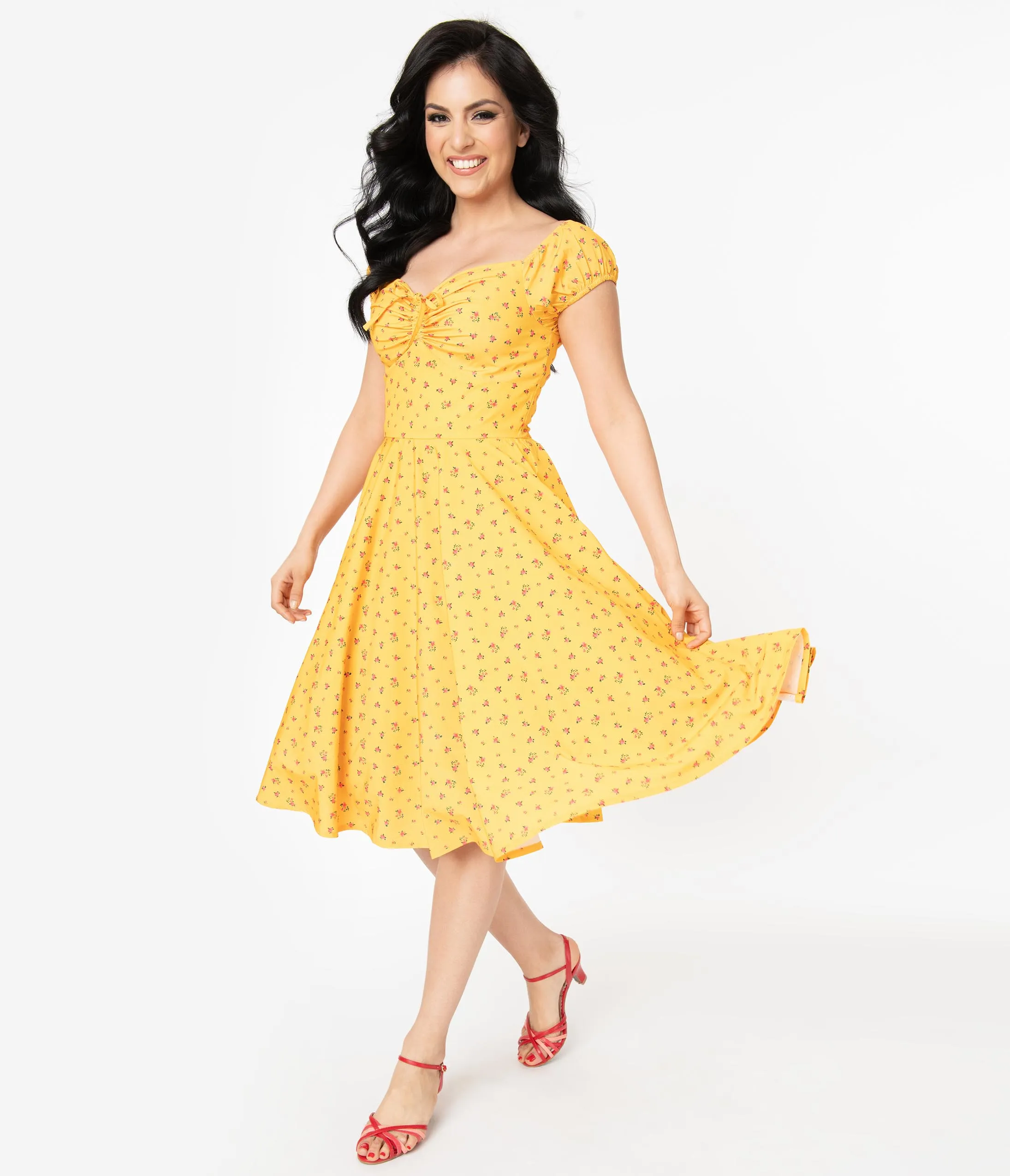 Retro Style Golden Yellow Floral Swing Dress