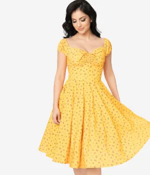 Retro Style Golden Yellow Floral Swing Dress