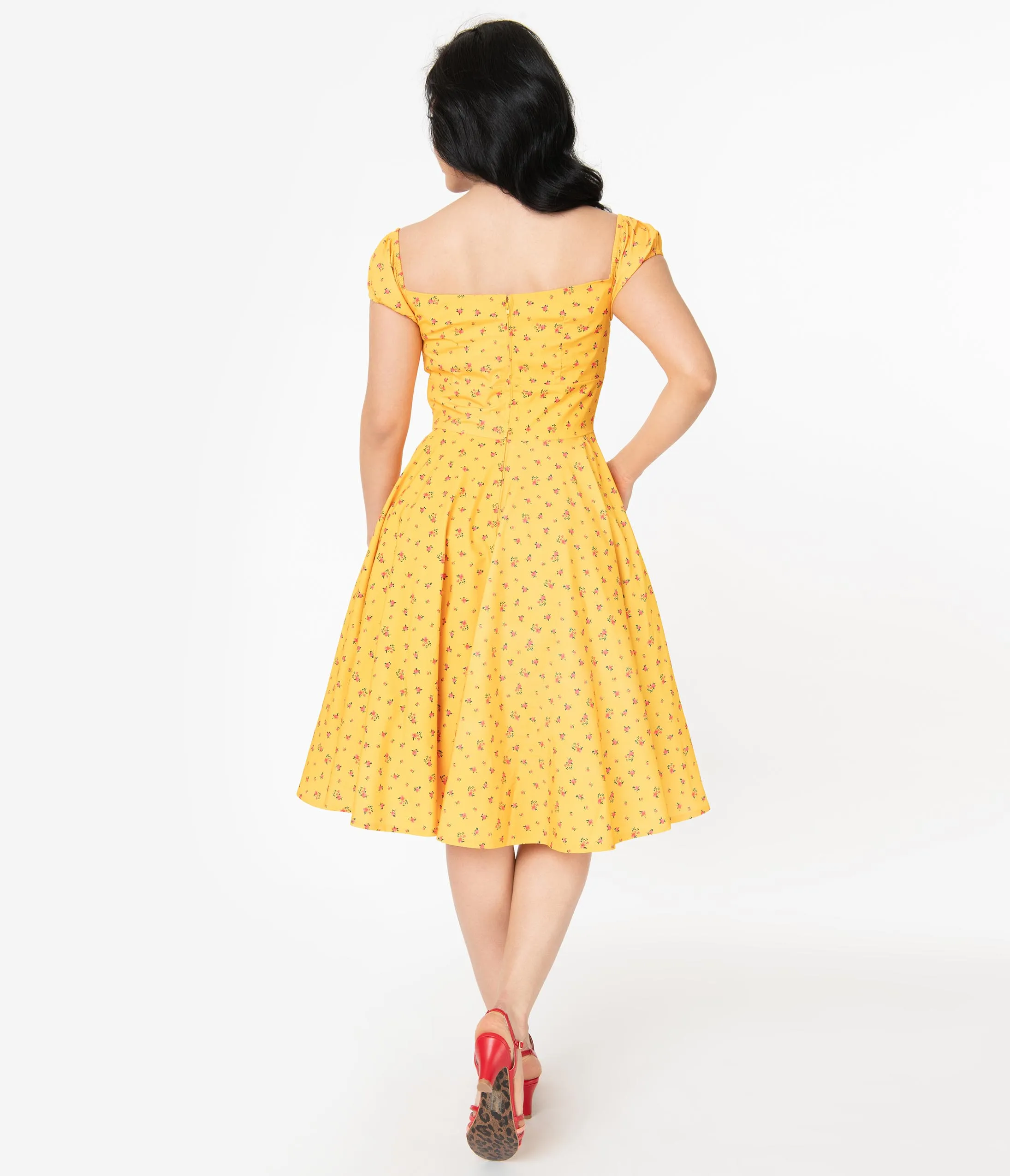 Retro Style Golden Yellow Floral Swing Dress