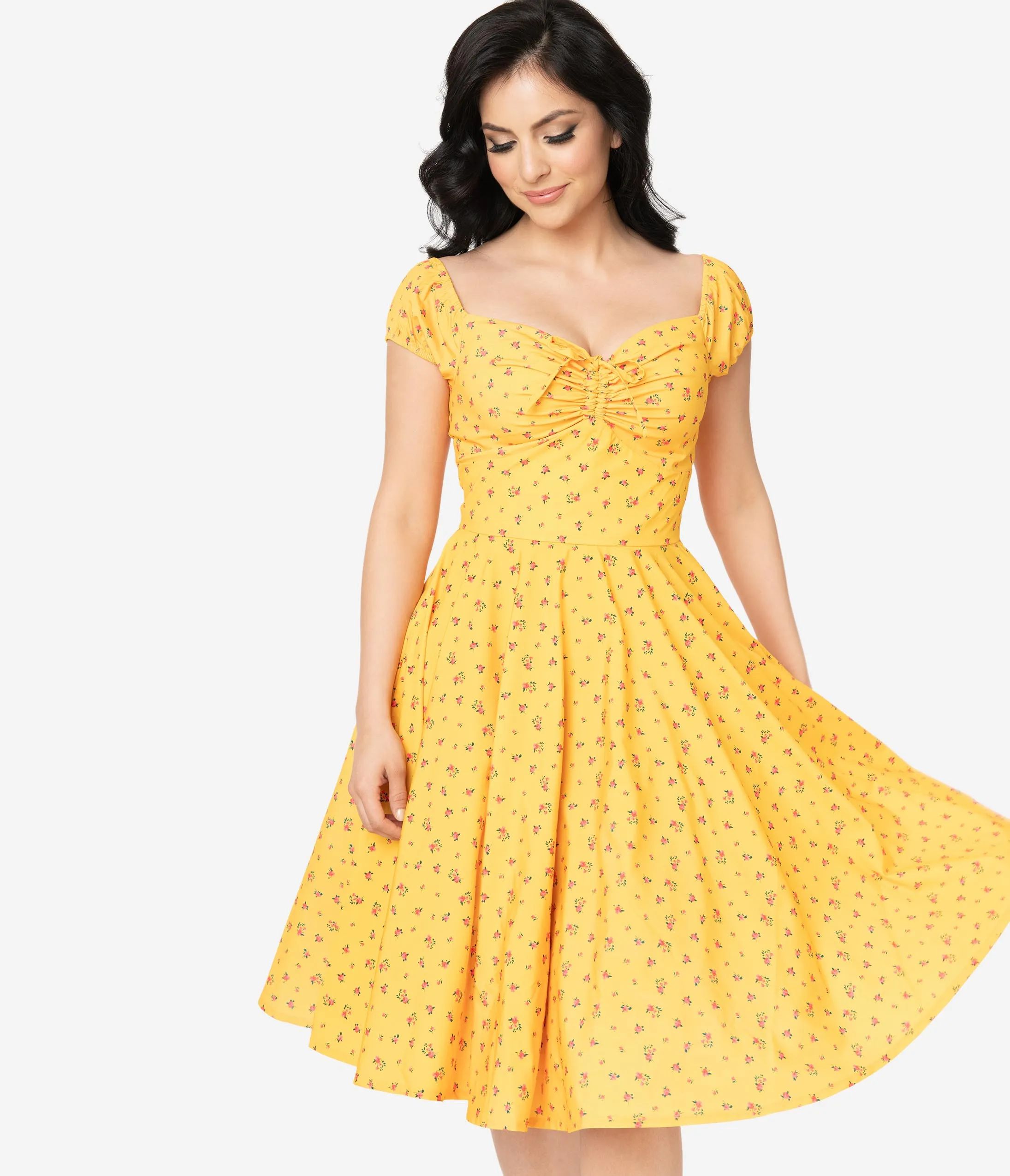 Retro Style Golden Yellow Floral Swing Dress