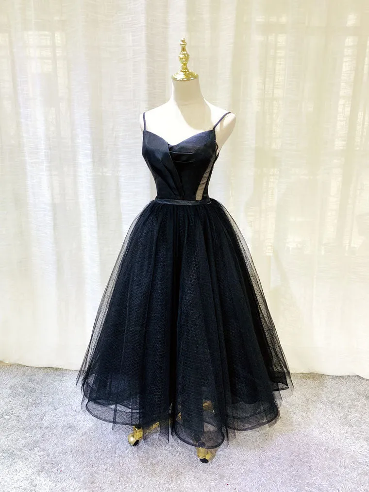 Simple Tulle Tea Length Black Prom Dress Black Homecoming Dress