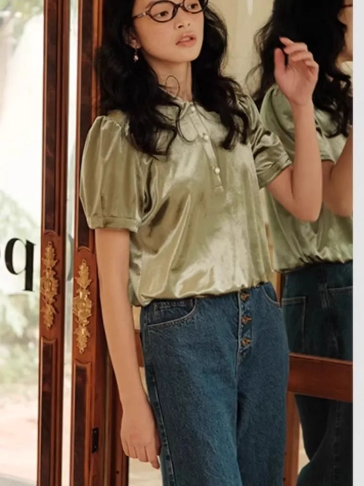 Velvet Peter Pan Collar Girly Short Top【s0000007498】