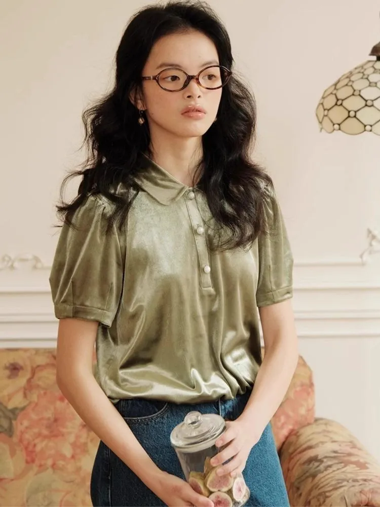 Velvet Peter Pan Collar Girly Short Top【s0000007498】