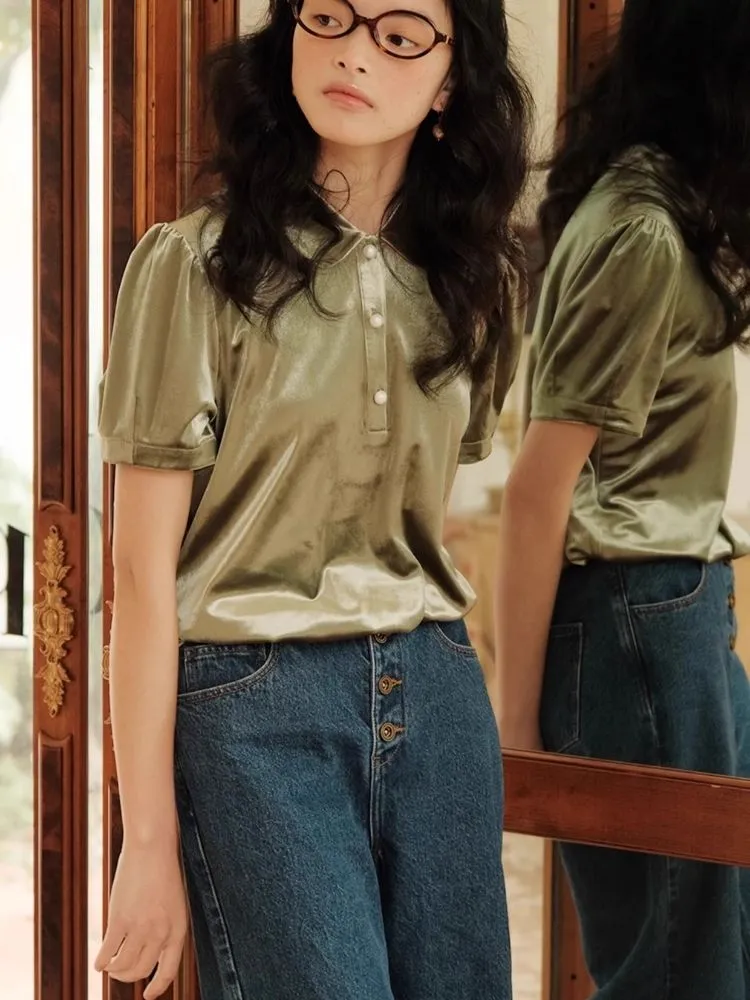 Velvet Peter Pan Collar Girly Short Top【s0000007498】