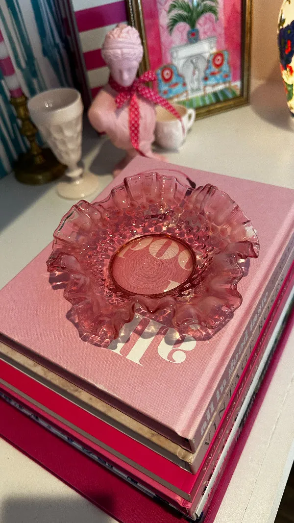Vintage Bowl, Dish, Fenton Hobnail Glass, Cranberry, Ruffled Edge