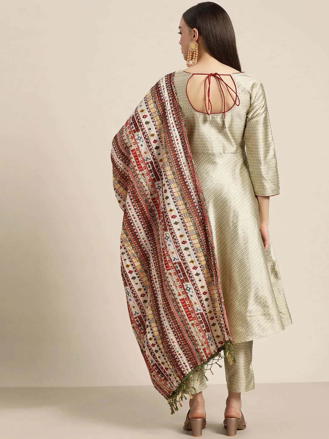 Women Dupion Silk Jacquard Kurta With Trousers & Dupatta